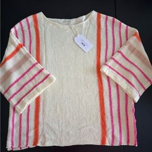 Striped Cream Knit Sweater with Pink and Orange Accents